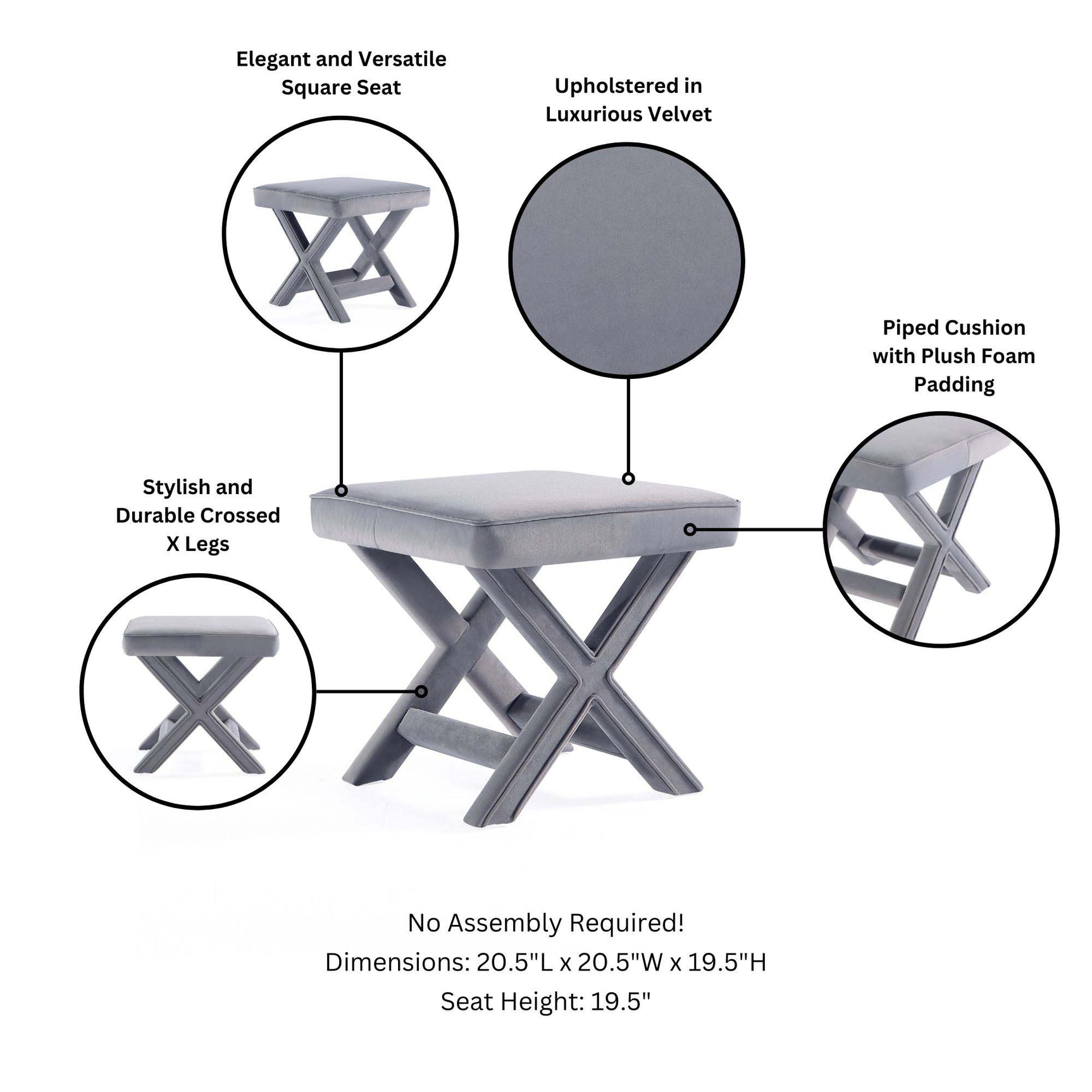 Abigail Single Ottoman Bench in Grey - Ornate Home