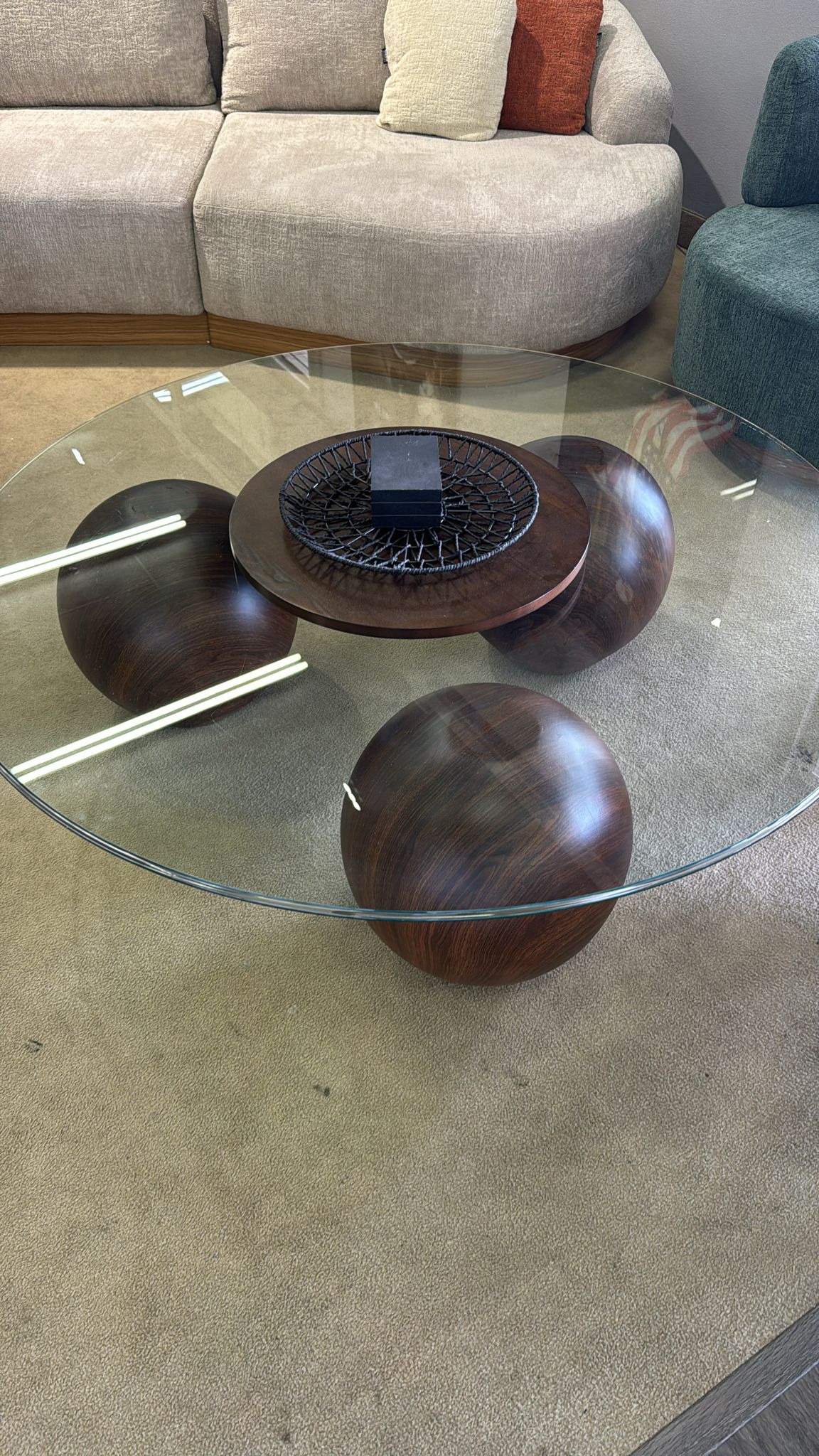 Abstract 16" Dia Dark Walnut Cast Ball-Shape Base Coffee Table w/ Round Clear Glass Top - Ornate Home