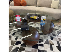 Abstract 16" Dia Dark Walnut Cast Ball-Shape Base Coffee Table w/ Round Clear Glass Top - Ornate Home