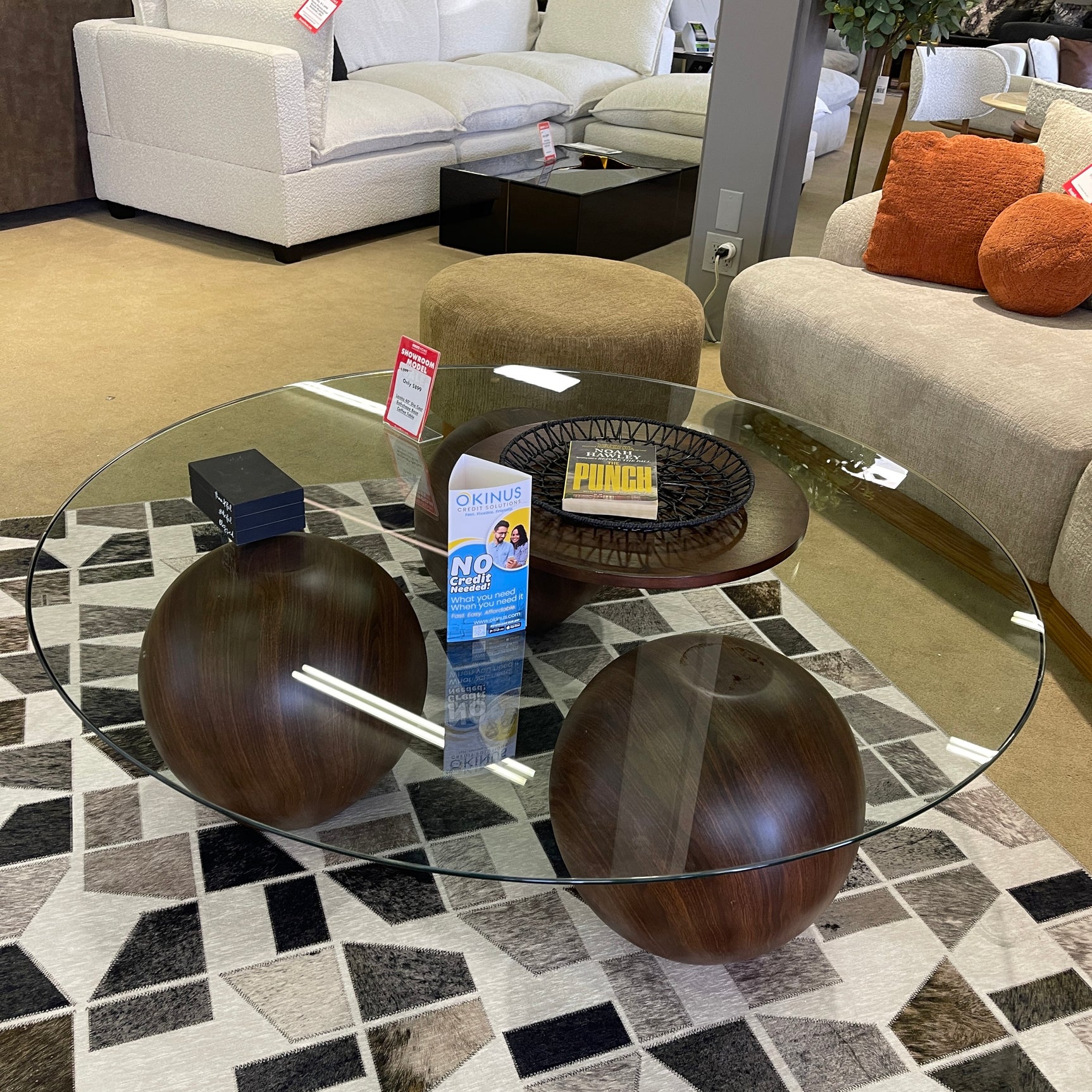 Abstract 16" Dia Dark Walnut Cast Ball-Shape Base Coffee Table w/ Round Clear Glass Top - Ornate Home