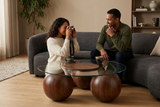 Abstract 16" Dia Dark Walnut Cast Ball-Shape Base Coffee Table w/ Round Clear Glass Top - Ornate Home