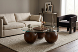 Abstract 16" Dia Dark Walnut Cast Ball-Shape Base Coffee Table w/ Round Clear Glass Top - Ornate Home
