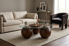 Abstract 16" Dia Dark Walnut Cast Ball-Shape Base Coffee Table w/ Round Clear Glass Top - Ornate Home