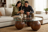 Abstract 16" Dia Dark Walnut Cast Ball-Shape Base Coffee Table w/ Round Clear Glass Top - Ornate Home
