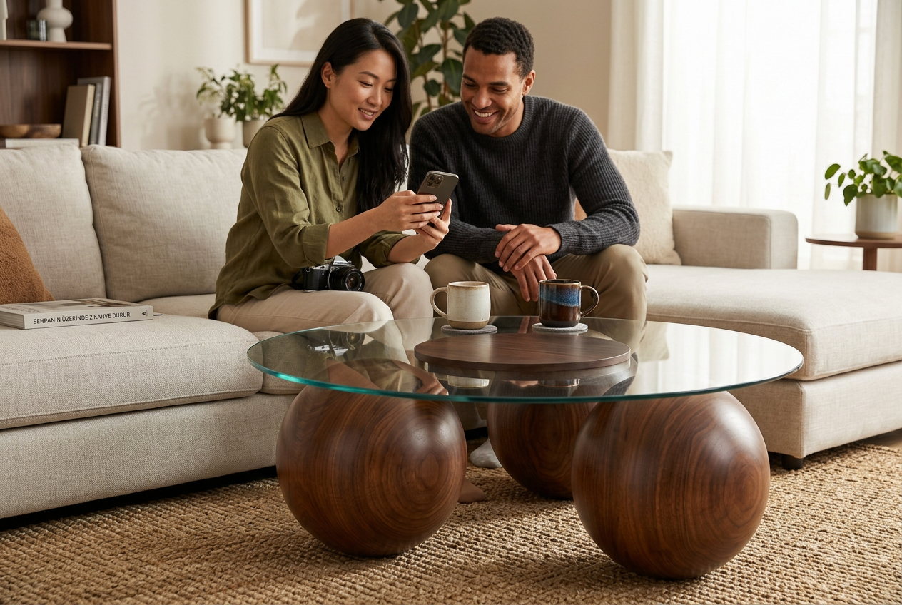 Abstract 16" Dia Dark Walnut Cast Ball-Shape Base Coffee Table w/ Round Clear Glass Top - Ornate Home