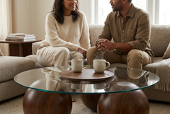 Abstract 16" Dia Dark Walnut Cast Ball-Shape Base Coffee Table w/ Round Clear Glass Top - Ornate Home