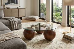 Abstract 16" Dia Dark Walnut Cast Ball-Shape Base Coffee Table w/ Round Clear Glass Top - Ornate Home