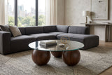 Abstract 16" Dia Dark Walnut Cast Ball-Shape Base Coffee Table w/ Round Clear Glass Top - Ornate Home