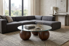 Abstract 16" Dia Dark Walnut Cast Ball-Shape Base Coffee Table w/ Round Clear Glass Top - Ornate Home