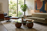 Abstract 16" Dia Dark Walnut Cast Ball-Shape Base Coffee Table w/ Round Clear Glass Top - Ornate Home