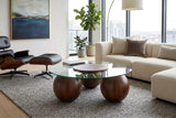 Abstract 16" Dia Dark Walnut Cast Ball-Shape Base Coffee Table w/ Round Clear Glass Top - Ornate Home