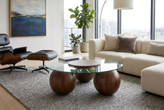 Abstract 16" Dia Dark Walnut Cast Ball-Shape Base Coffee Table w/ Round Clear Glass Top - Ornate Home