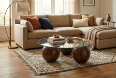 Abstract 16" Dia Dark Walnut Cast Ball-Shape Base Coffee Table w/ Round Clear Glass Top - Ornate Home