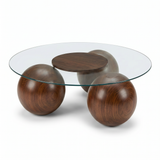 Abstract 16" Dia Dark Walnut Cast Ball-Shape Base Coffee Table w/ Round Clear Glass Top - Ornate Home