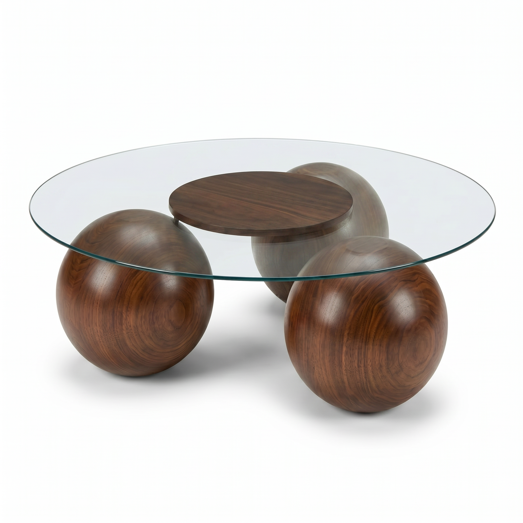 Abstract 16" Dia Dark Walnut Cast Ball-Shape Base Coffee Table w/ Round Clear Glass Top - Ornate Home