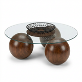 Abstract 16" Dia Dark Walnut Cast Ball-Shape Base Coffee Table w/ Round Clear Glass Top - Ornate Home