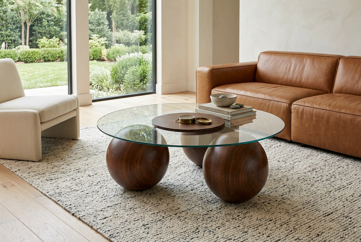 Abstract 16" Dia Dark Walnut Cast Ball-Shape Base Coffee Table w/ Round Clear Glass Top - Ornate Home