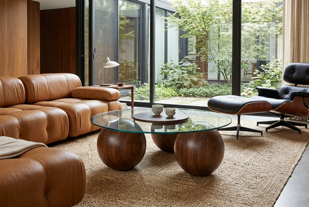 Abstract 16" Dia Dark Walnut Cast Ball-Shape Base Coffee Table w/ Round Clear Glass Top - Ornate Home