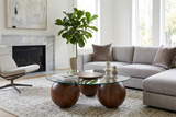 Abstract 16" Dia Dark Walnut Cast Ball-Shape Base Coffee Table w/ Round Clear Glass Top - Ornate Home