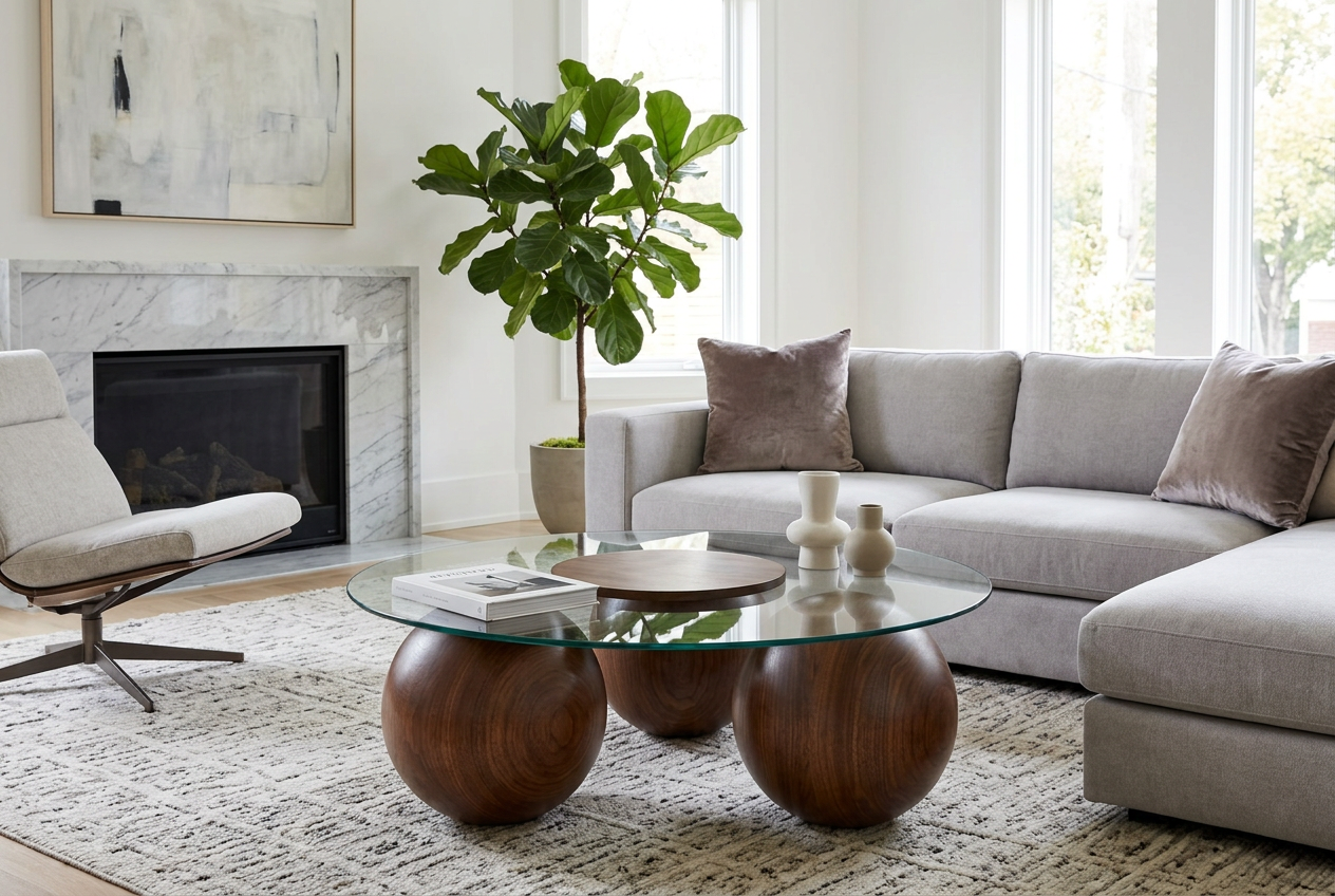 Abstract 16" Dia Dark Walnut Cast Ball-Shape Base Coffee Table w/ Round Clear Glass Top - Ornate Home