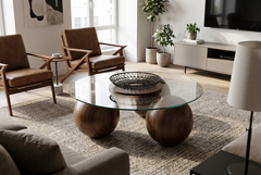Abstract 16" Dia Dark Walnut Cast Ball-Shape Base Coffee Table w/ Round Clear Glass Top - Ornate Home
