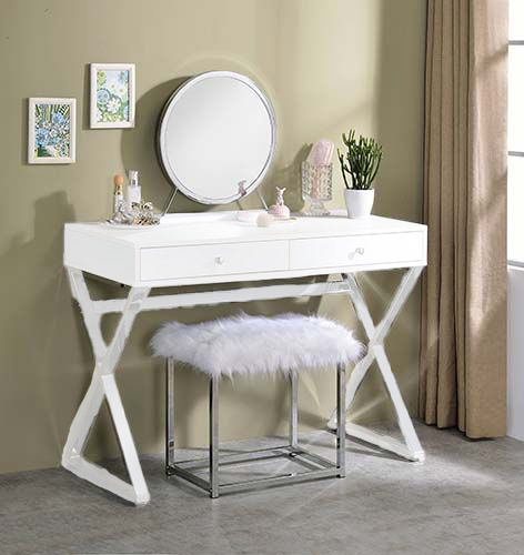 Adao White/Chrome Vanity Mirror & Stool - Ornate Home