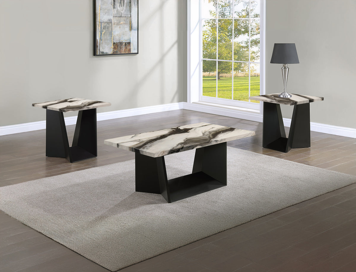 Adea Black/White/Brown Faux Marble 3-Piece Coffee Table Set - Ornate Home