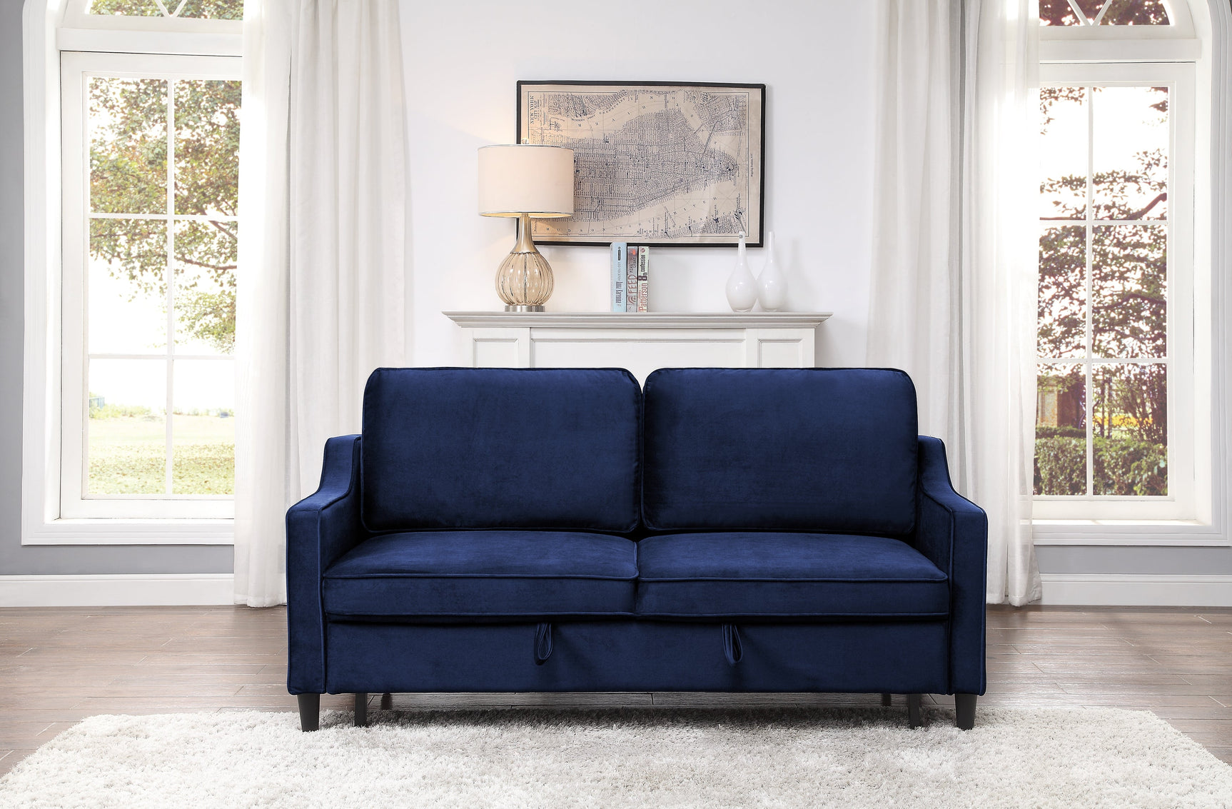 Adelia Navy Studio Sofa with Pull-out Bed - Ornate Home