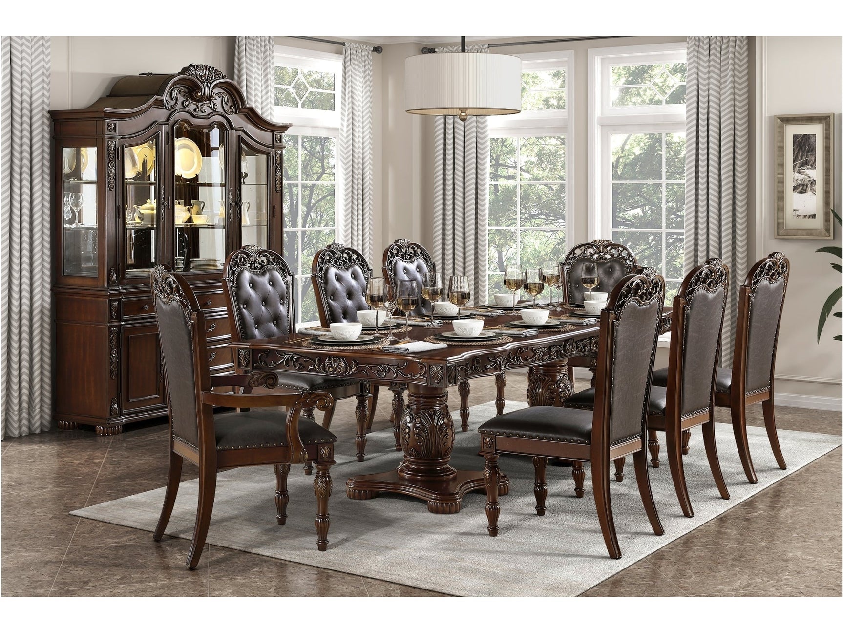 Adelina Cherry/Brown 7-Piece Dining Table Set - Ornate Home