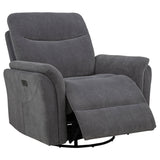 Adler Charcoal Grey Upholstered Power Swivel Glider Recliner - Ornate Home