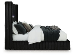Agrander Black King Upholstered Bed with Fireplace and Wireless Audio - Ornate Home