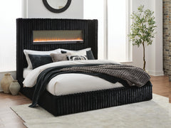 Agrander Black King Upholstered Bed with Fireplace and Wireless Audio - Ornate Home