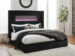 Agrander Black King Upholstered Bed with Fireplace and Wireless Audio - Ornate Home