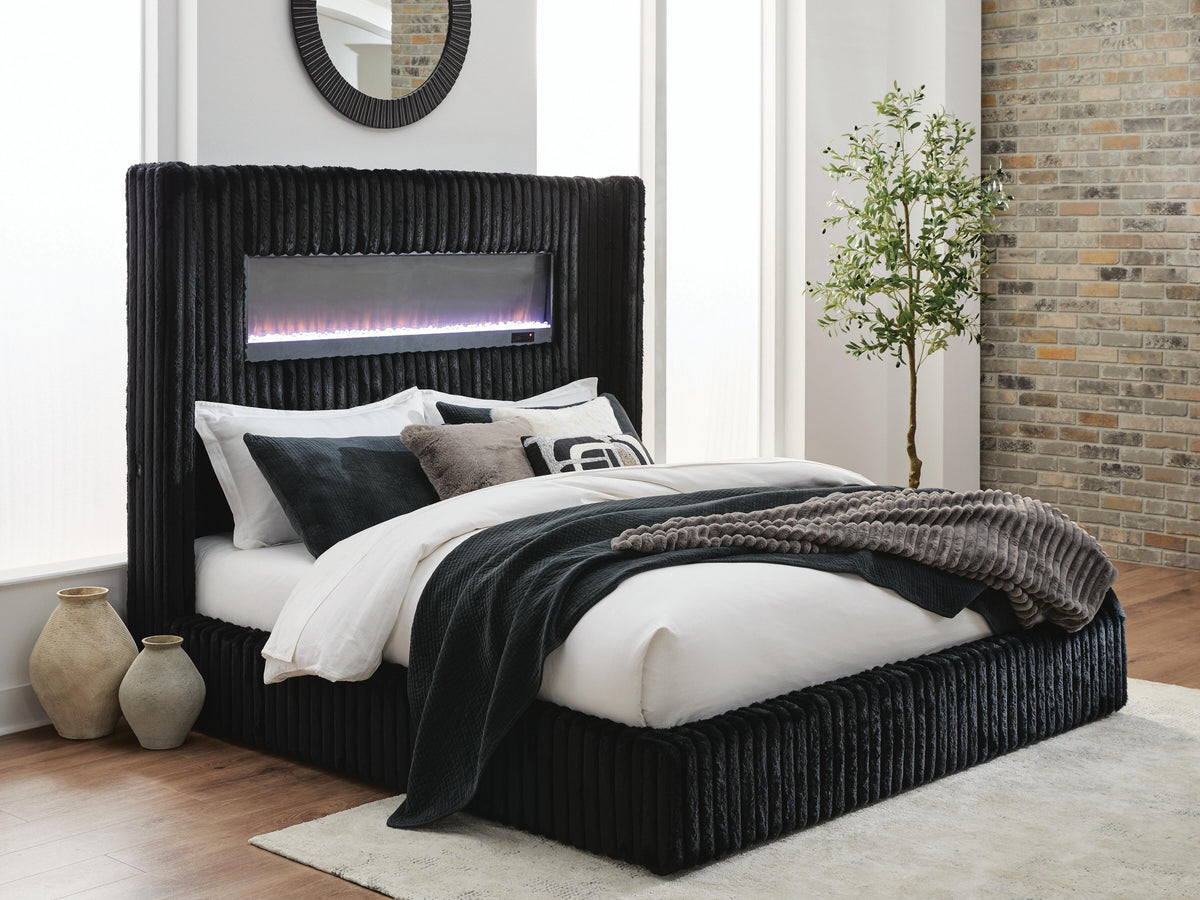 Agrander Black King Upholstered Bed with Fireplace and Wireless Audio - Ornate Home