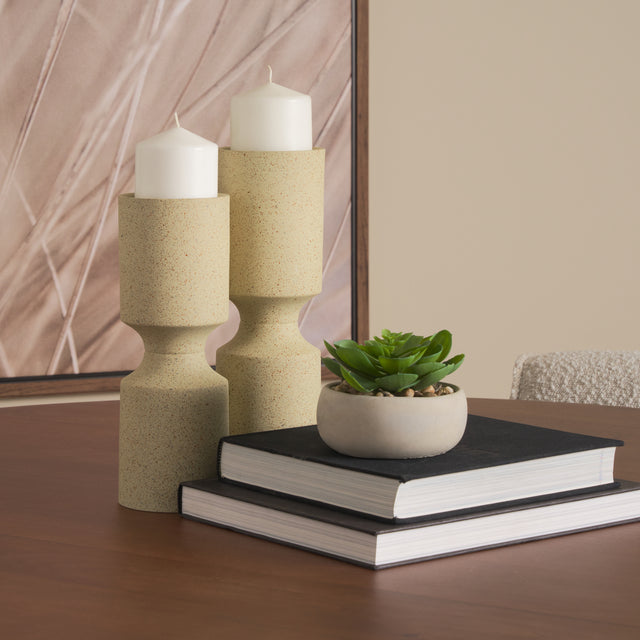 Akira Beige Large Textured Metal Pillar Candle Holder - Ornate Home