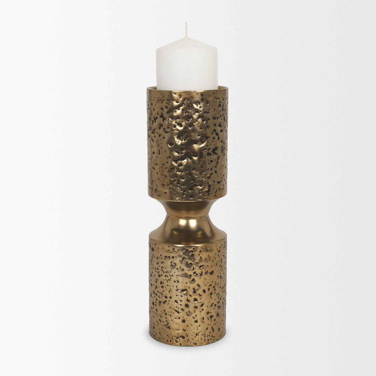 Akira Gold Large Hammered Metal Pillar Candle Holder