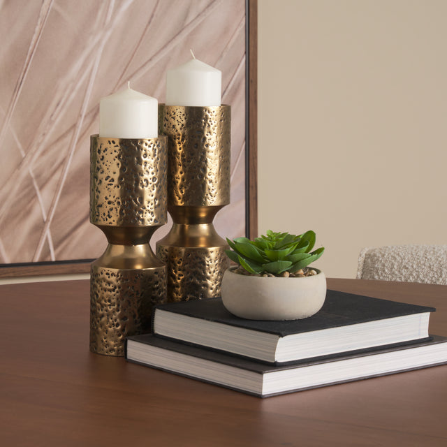 Akira Gold Small Hammered Metal Pillar Candle Holder - Ornate Home