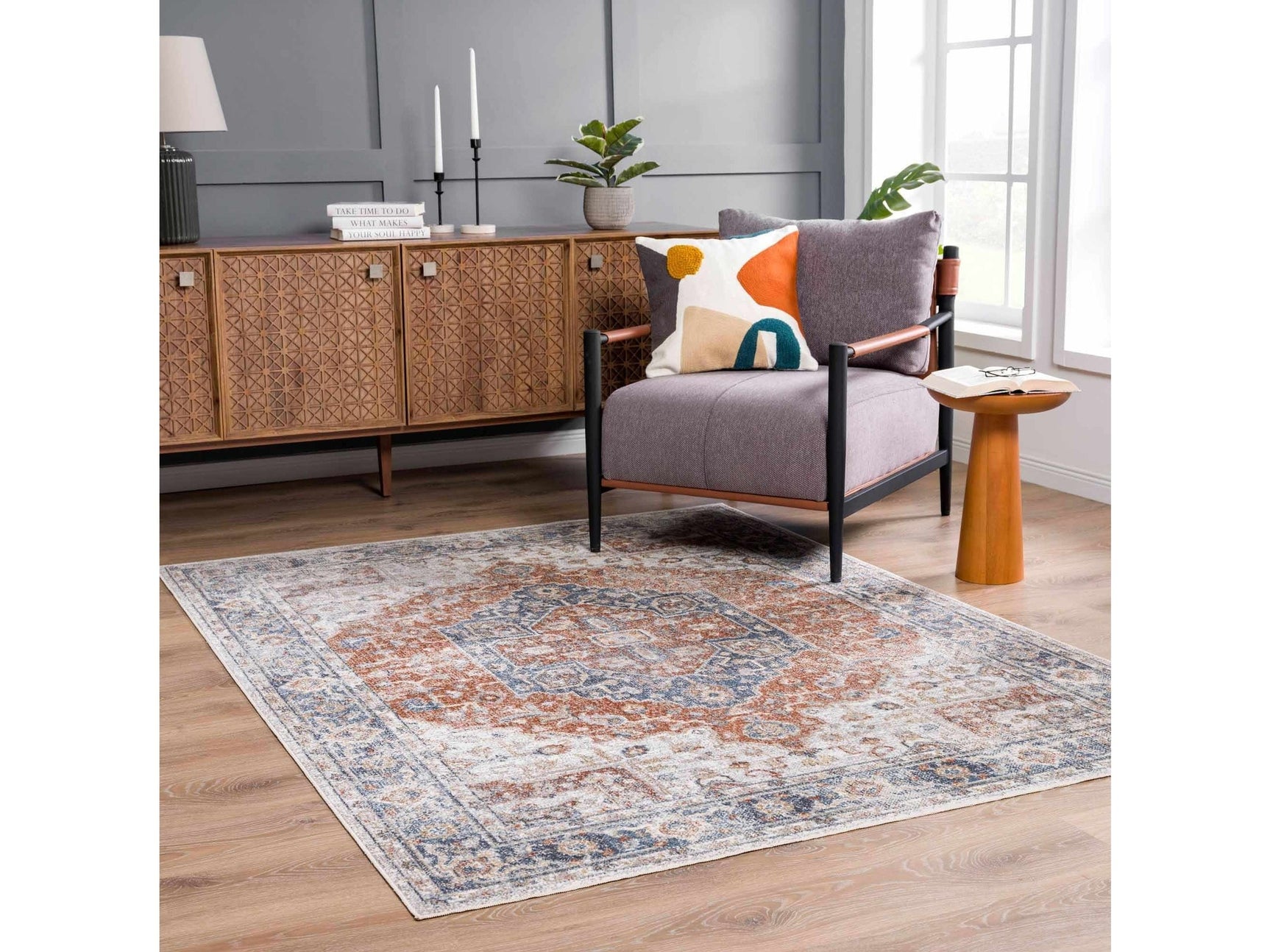Akram Gray & Orange Washable Area Rug - Clearance - Ornate Home