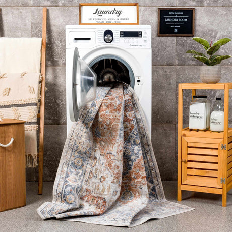 Akram Gray & Orange Washable Area Rug - Clearance - Ornate Home