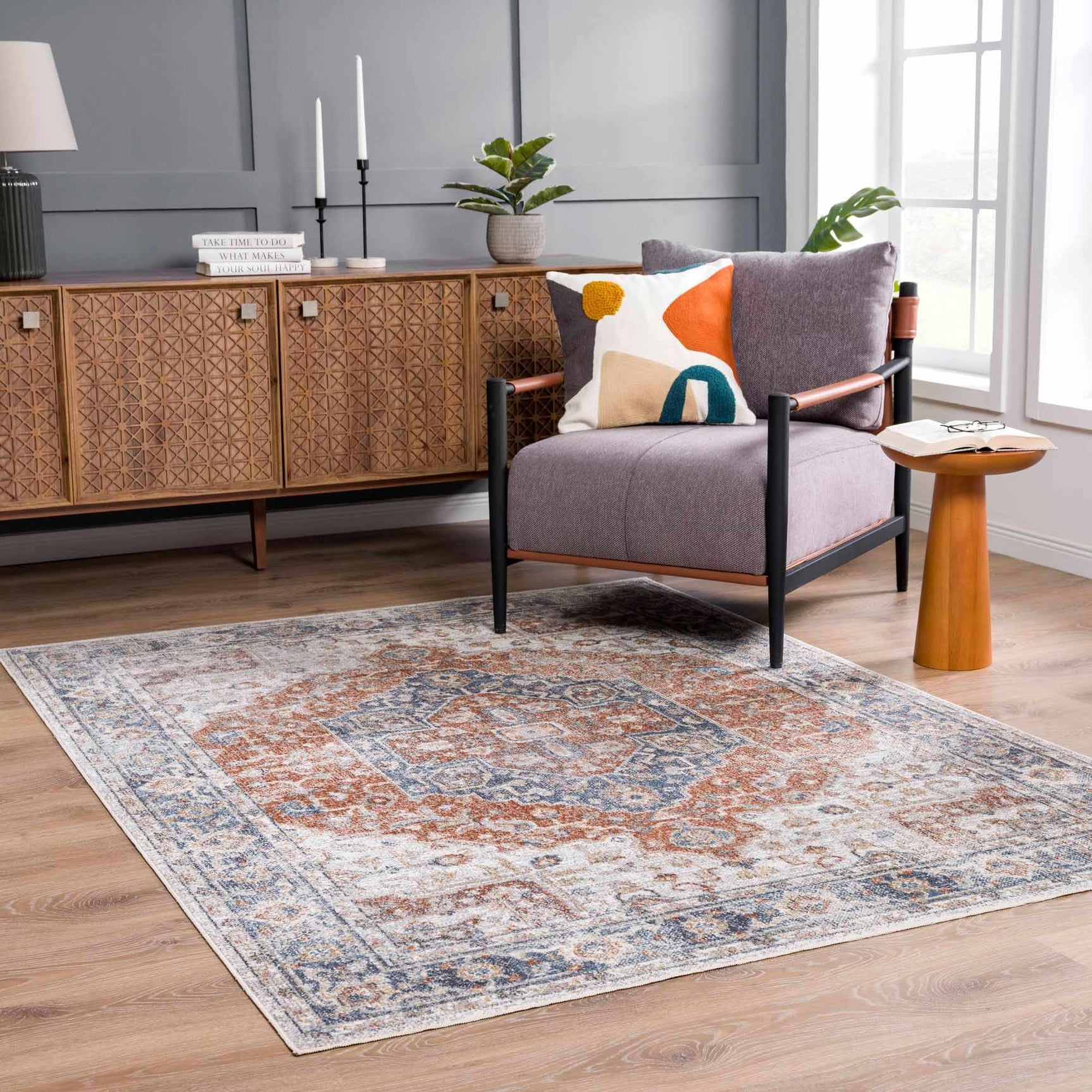 Akram Gray & Orange Washable Area Rug - Clearance - Ornate Home