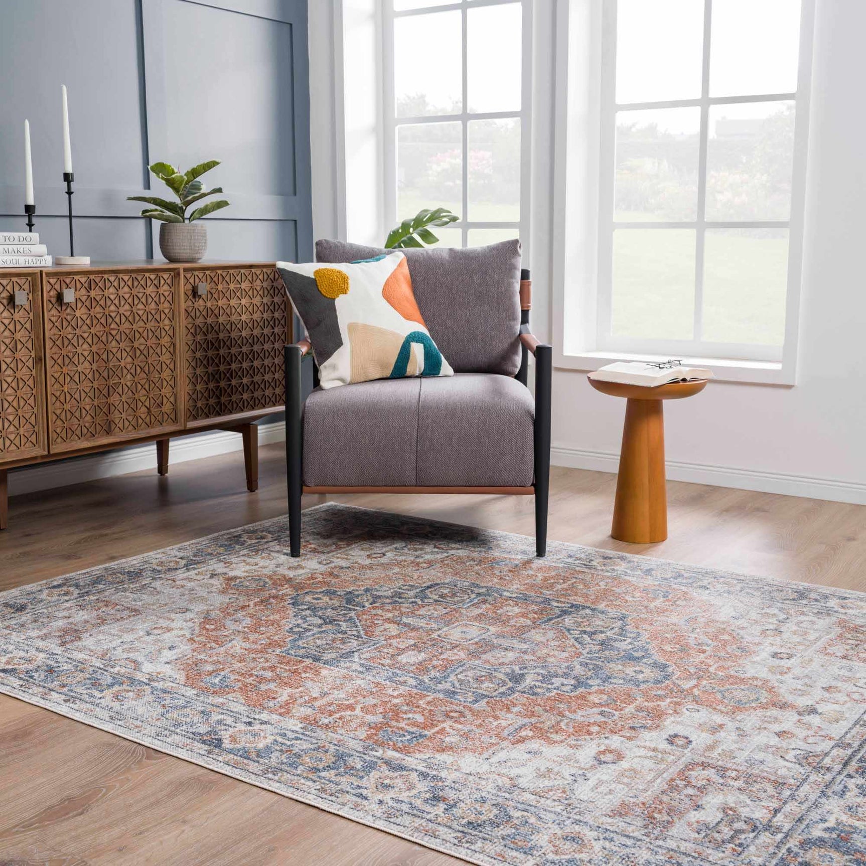 Akram Gray & Orange Washable Area Rug - Clearance - Ornate Home