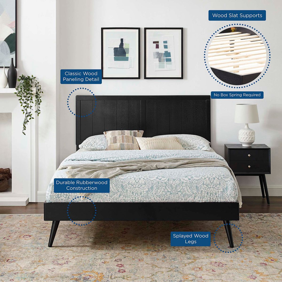 Alana Black Wood Queen Platform Bed With Splayed Legs - Ornate Home