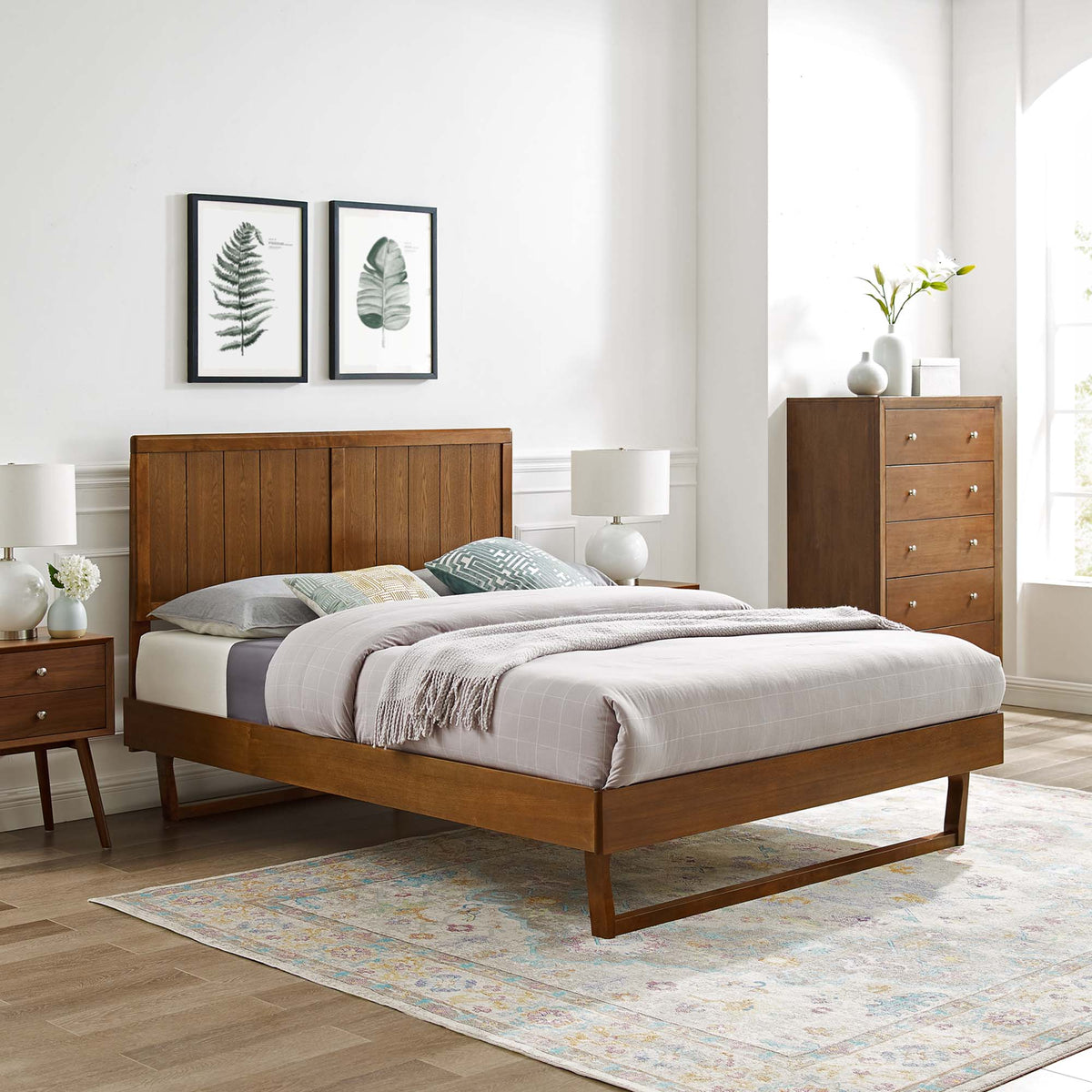 Alana Walnut Wood Queen Platform Bed With Angular Frame - Ornate Home