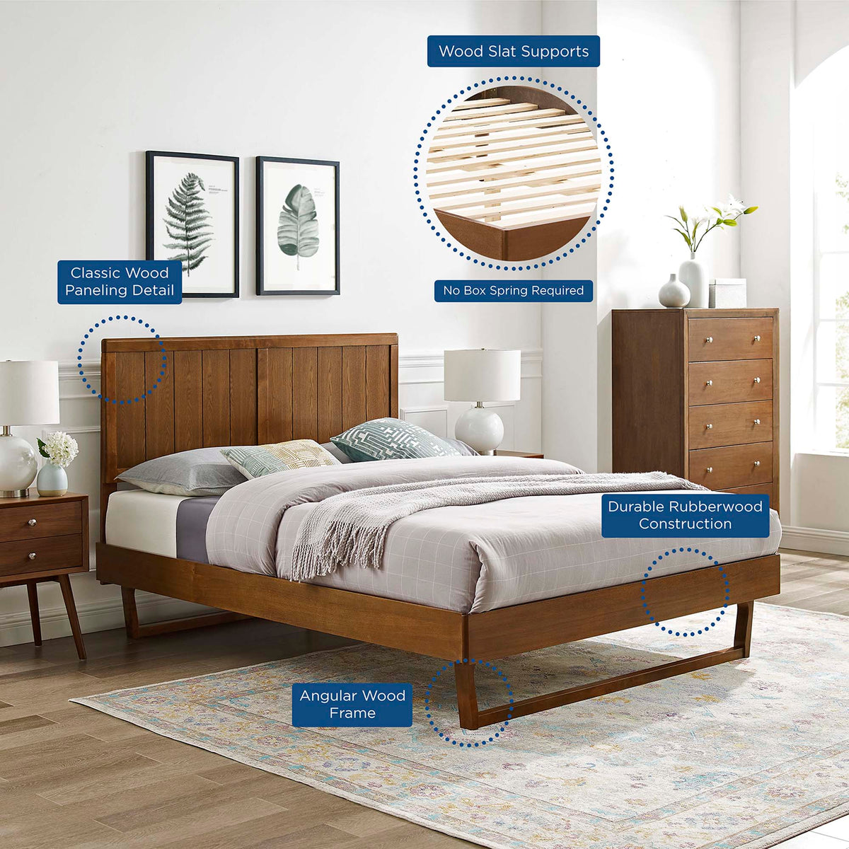 Alana Walnut Wood Queen Platform Bed With Angular Frame - Ornate Home