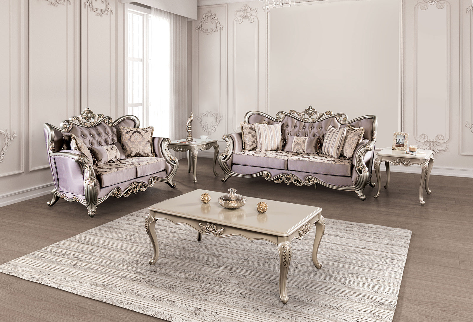 Albacete Champagne & Purple Velvet Loveseat - Ornate Home
