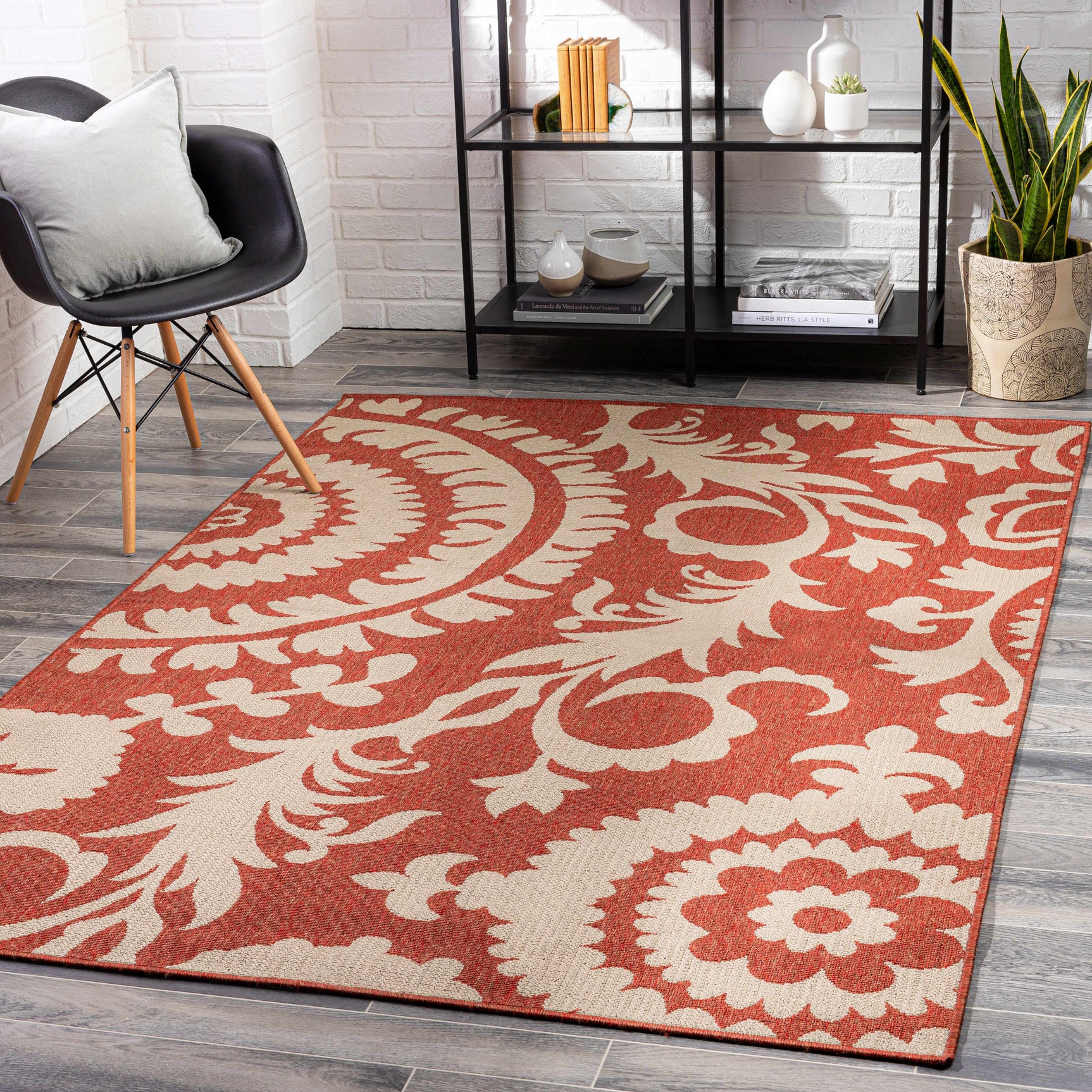 Alburnett Burnt Orange Floral Outdoor Rug - Clearance - Ornate Home