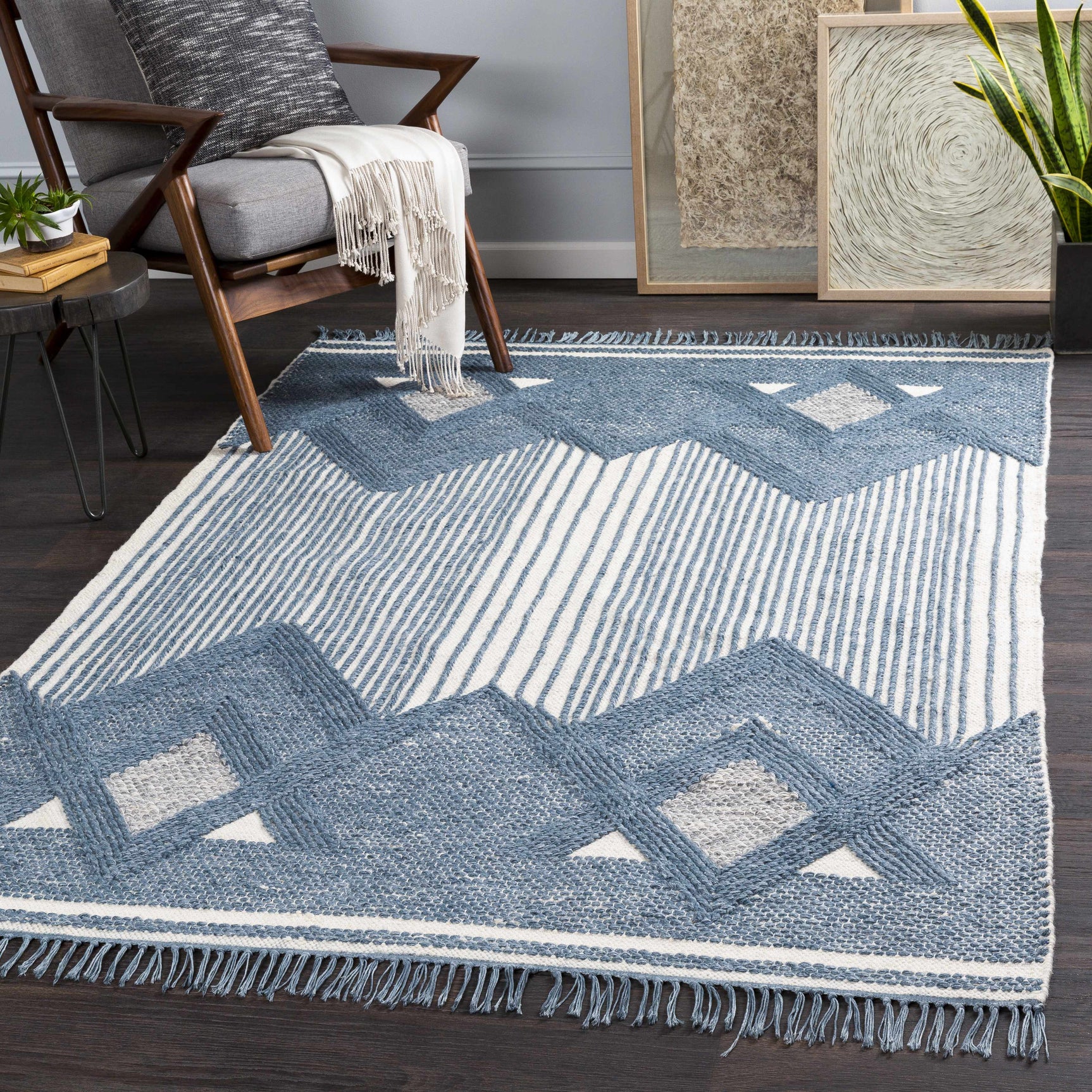 Aldbourne Blue Tassel Flatweave Wool Rug - Clearance - Ornate Home