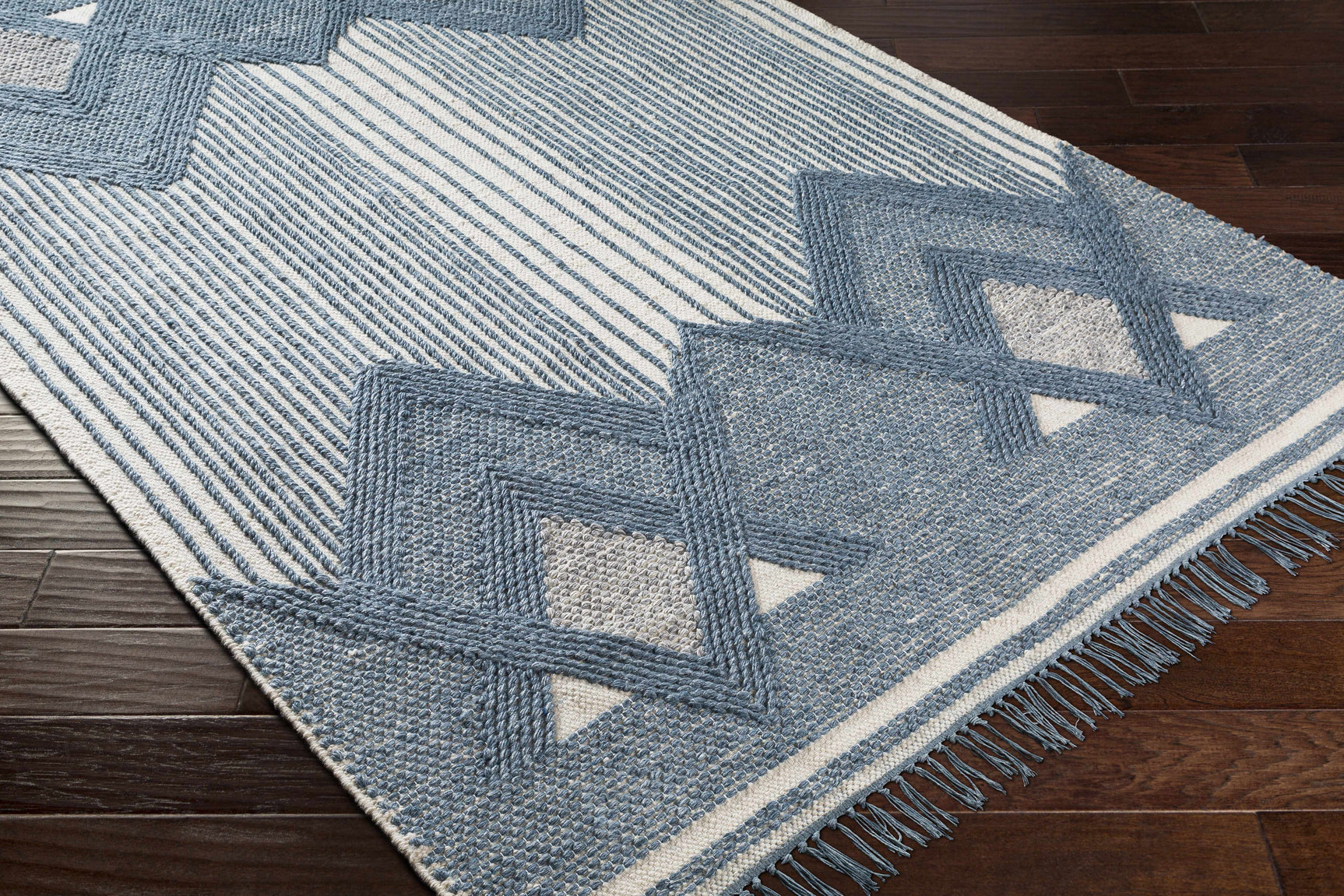 Aldbourne Blue Tassel Flatweave Wool Rug - Clearance - Ornate Home