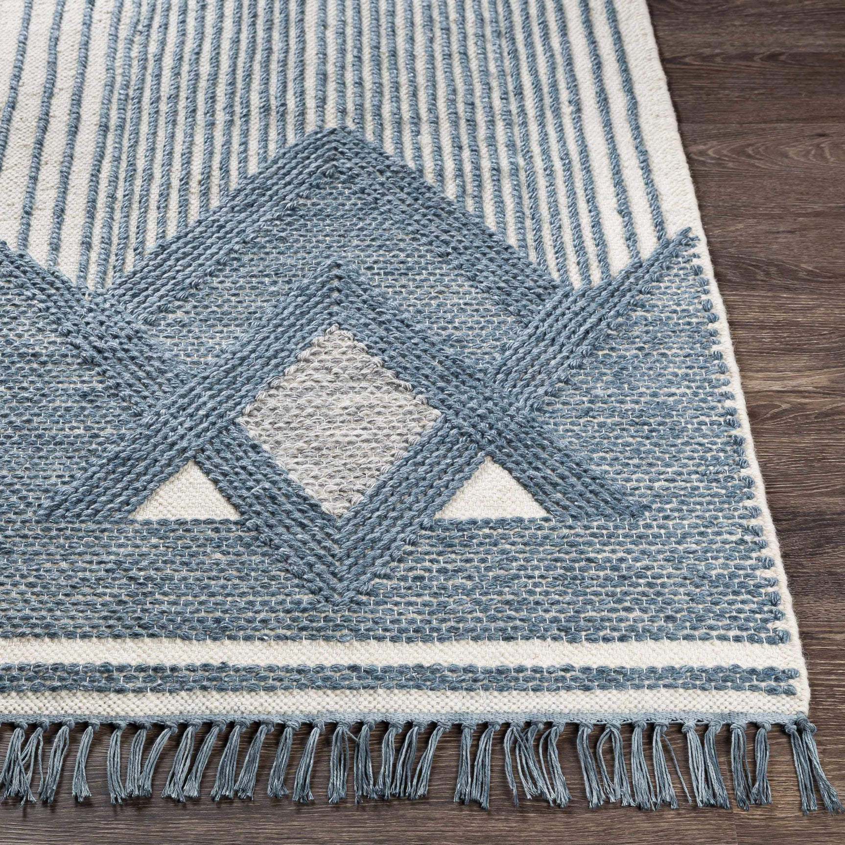 Aldbourne Blue Tassel Flatweave Wool Rug - Clearance - Ornate Home
