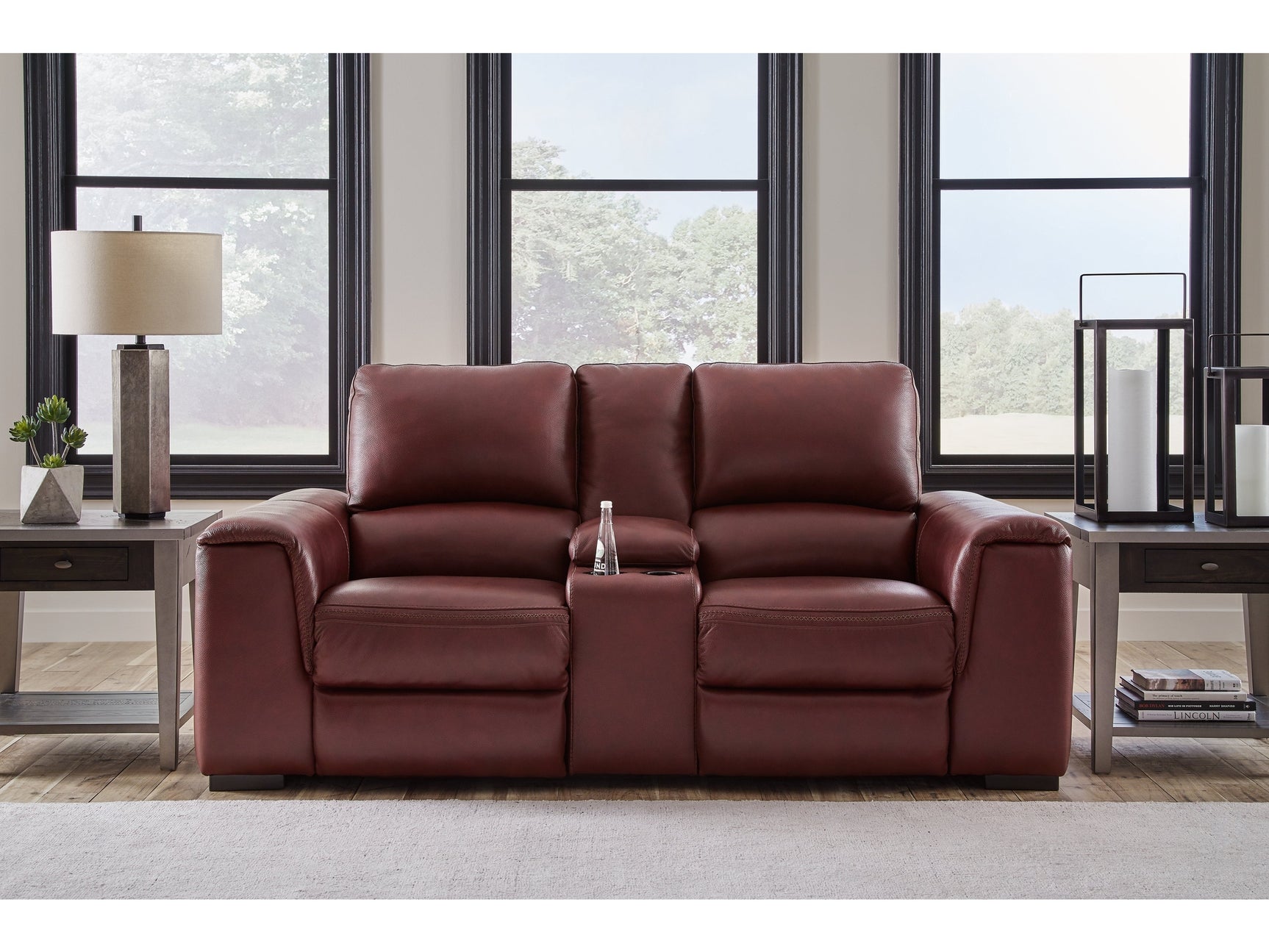 Alessandro Garnet Leather-match Power Reclining Loveseat w/ Console - Ornate Home